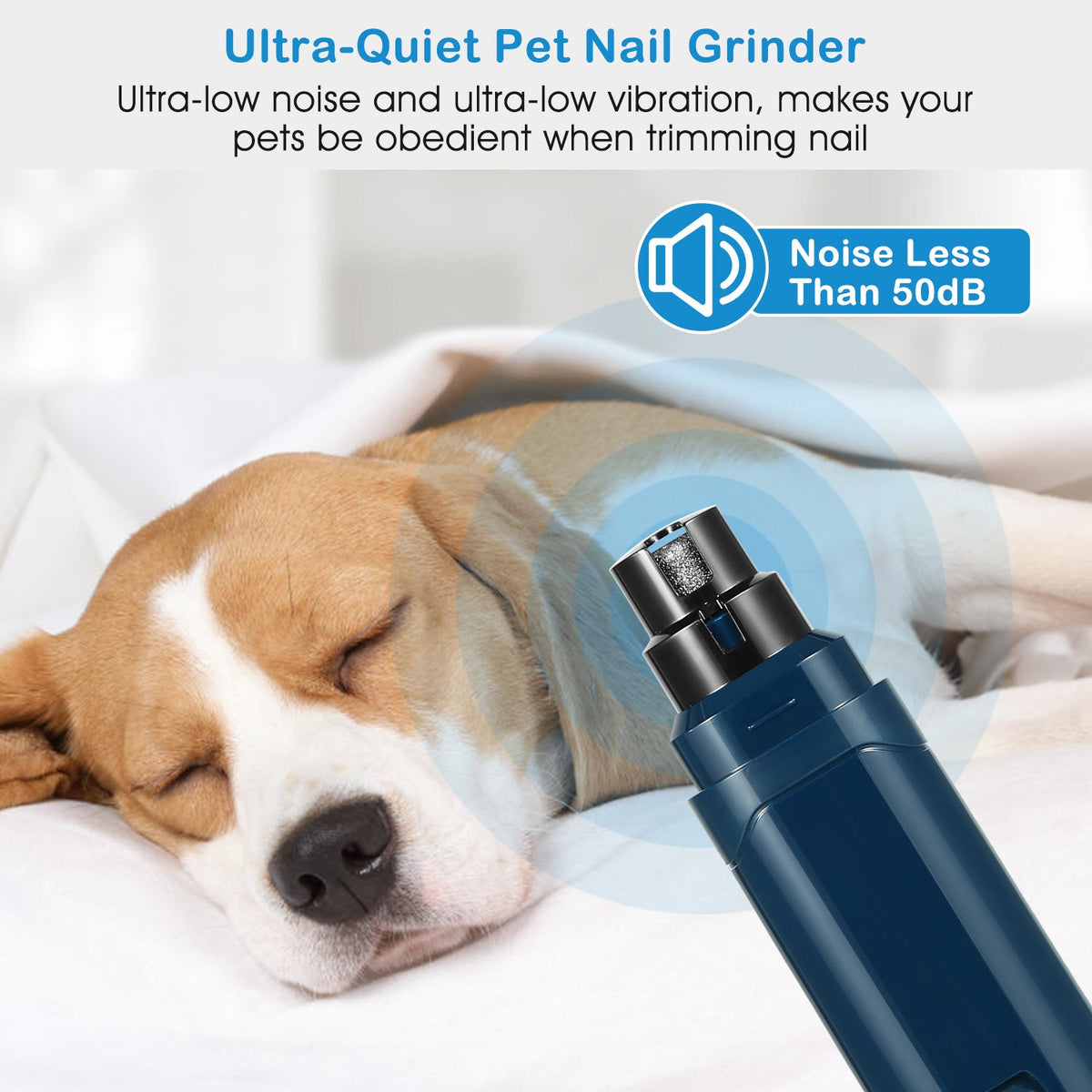 Pet nail grinder being used on a sleeping dog with text highlighting its noise reduction feature.