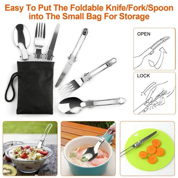 Foldable knife, fork, and spoon set with storage bag and usage examples.