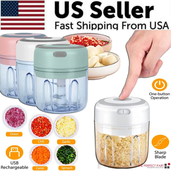 USB rechargeable food chopper with various ingredients and features highlighted, including a hand pointing to the product.