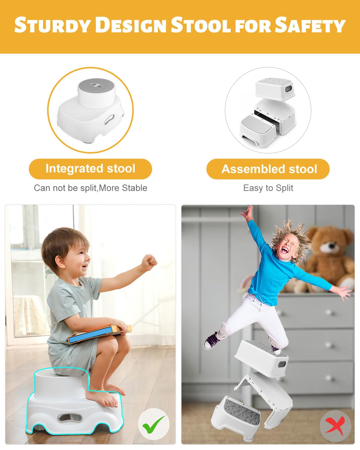 Sturdy design stool for safety with child using it and another child jumping off a different type of stool.