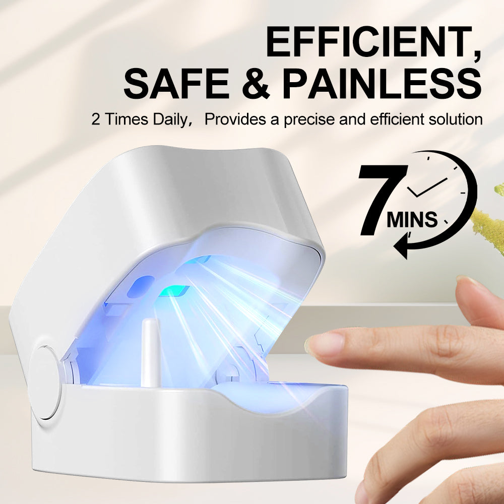 White electronic device with blue light, hand holding it, and text about efficiency and safety.