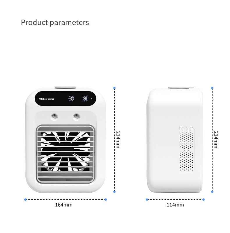 Product parameters diagram showing a small white fan cooler from front and side views with dimension labels: 164mm width, 214mm height, and 114mm side depth on a light gray background.