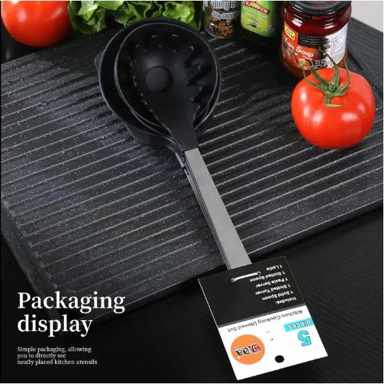 Black ladle with packaging on a kitchen counter with tomatoes and spices