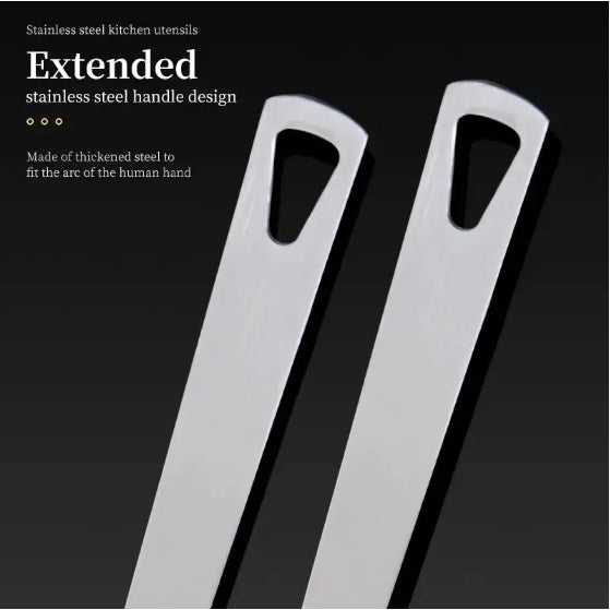 Two stainless steel kitchen utensils with extended handles on a black background