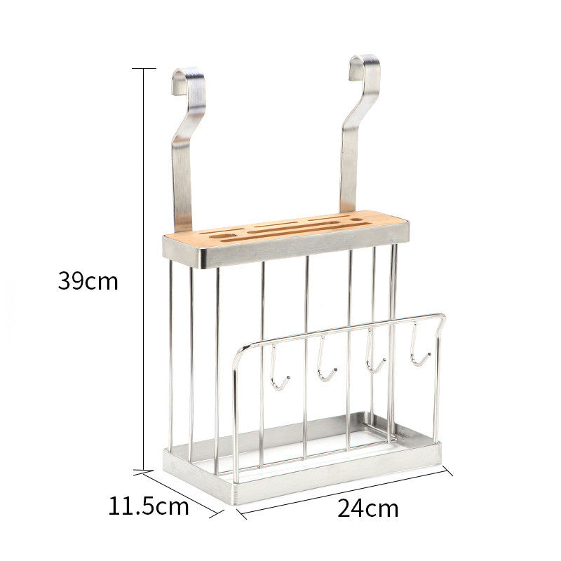 A stainless steel tooth holder with a wooden top shelf and four hanging hooks, shown with dimension labels indicating 39cm height, 11.5cm width, and 24cm depth on a white background.