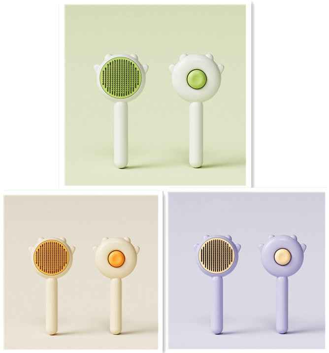Set of three pet grooming tools with different color schemes on a white background.