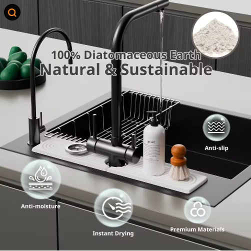 Modern kitchen sink with black faucet and various items on a countertop, emphasizing sustainability and features.