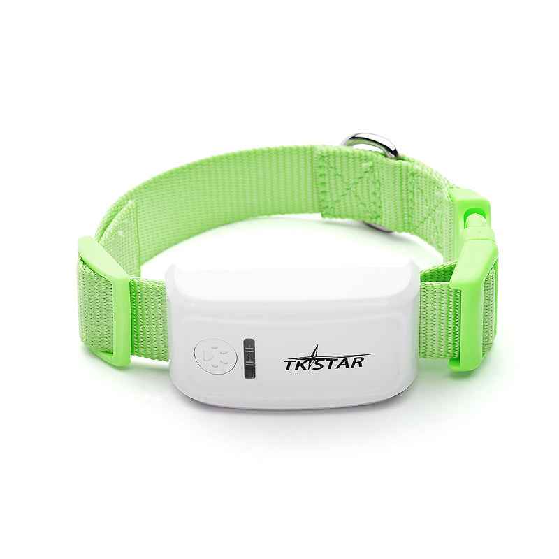 Green dog collar with a white electronic device on a white background