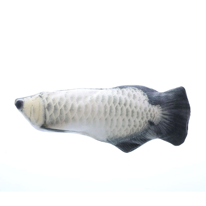 Fish toy with a white and gray body on a white background