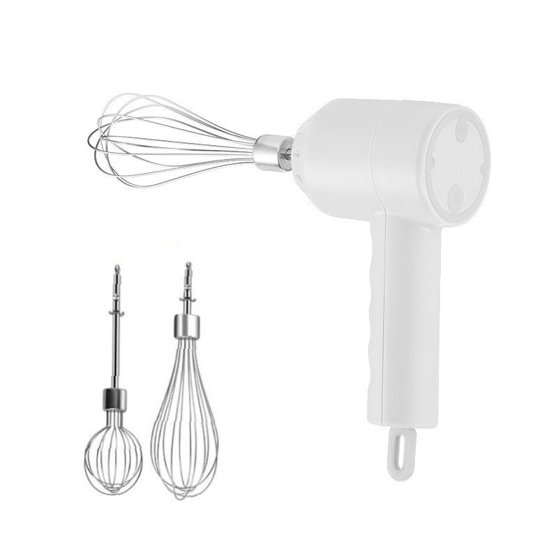 White handheld electric mixer with attachments on a white background