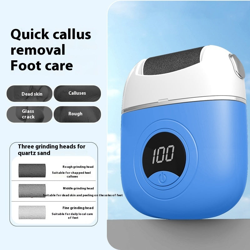 Blue foot care device with digital display on a light blue background