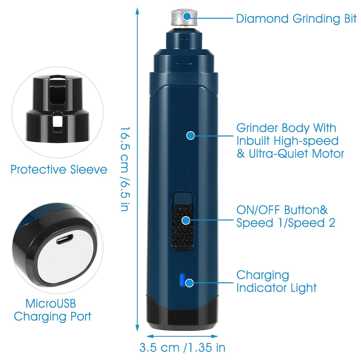 Blue handheld grinder with labeled parts and dimensions on a white background