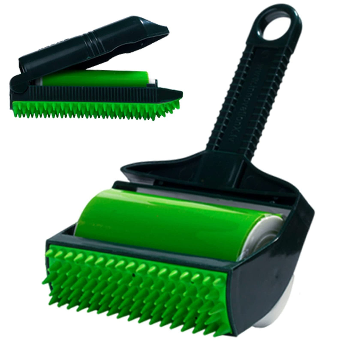 Green and black pet grooming brush with a detachable handle on a white background