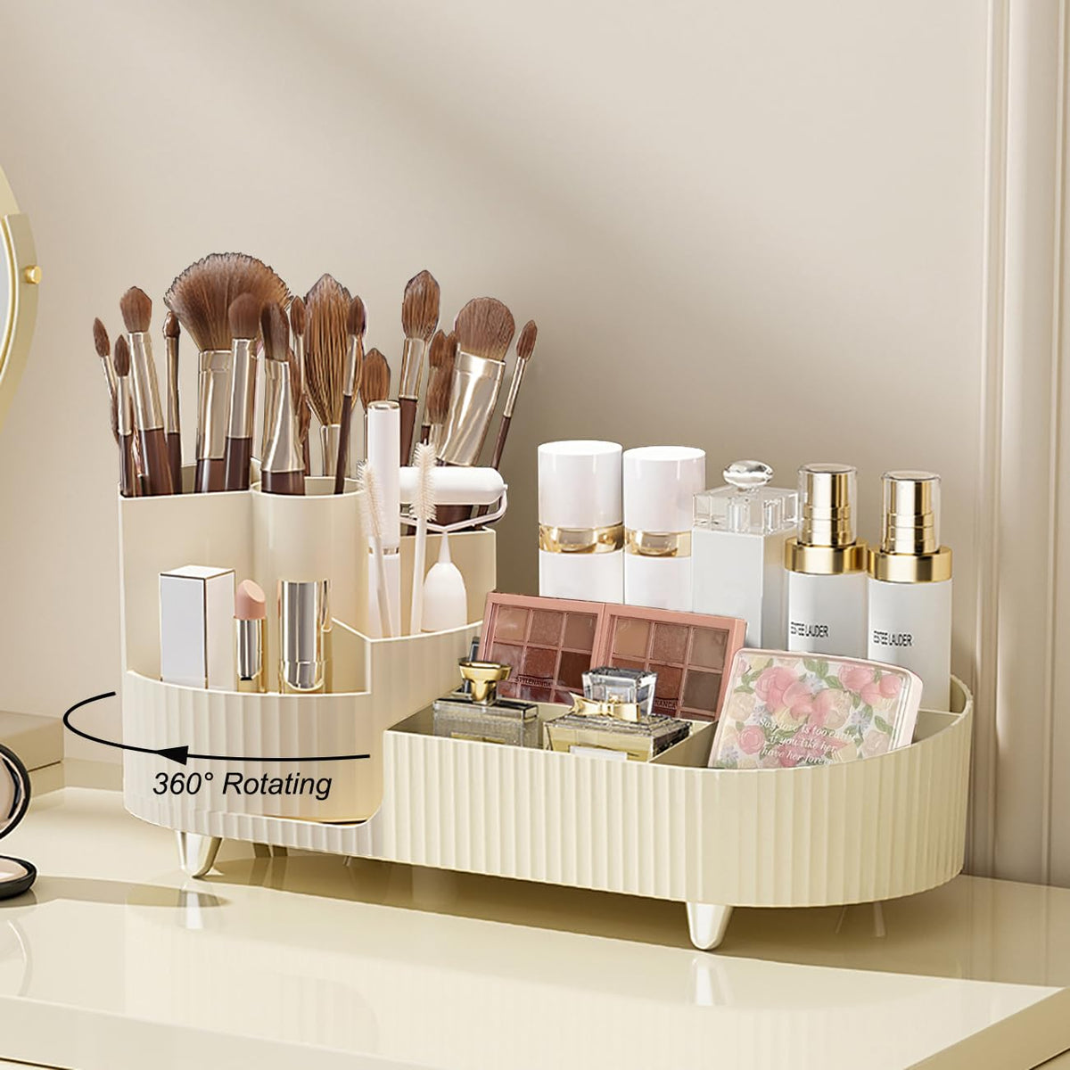 Makeup organizer with brushes, bottles, and a palette on a light surface.