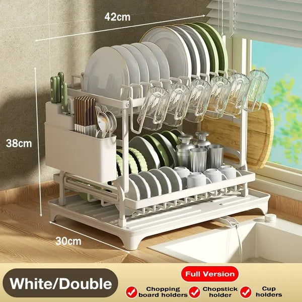 A white double-tier kitchen dish rack shown on a kitchen counter with plates, cups, and utensils, with overlaid dimensions (42cm, 38cm, 30cm) and text reading 'White/Double' and 'Full Version'.