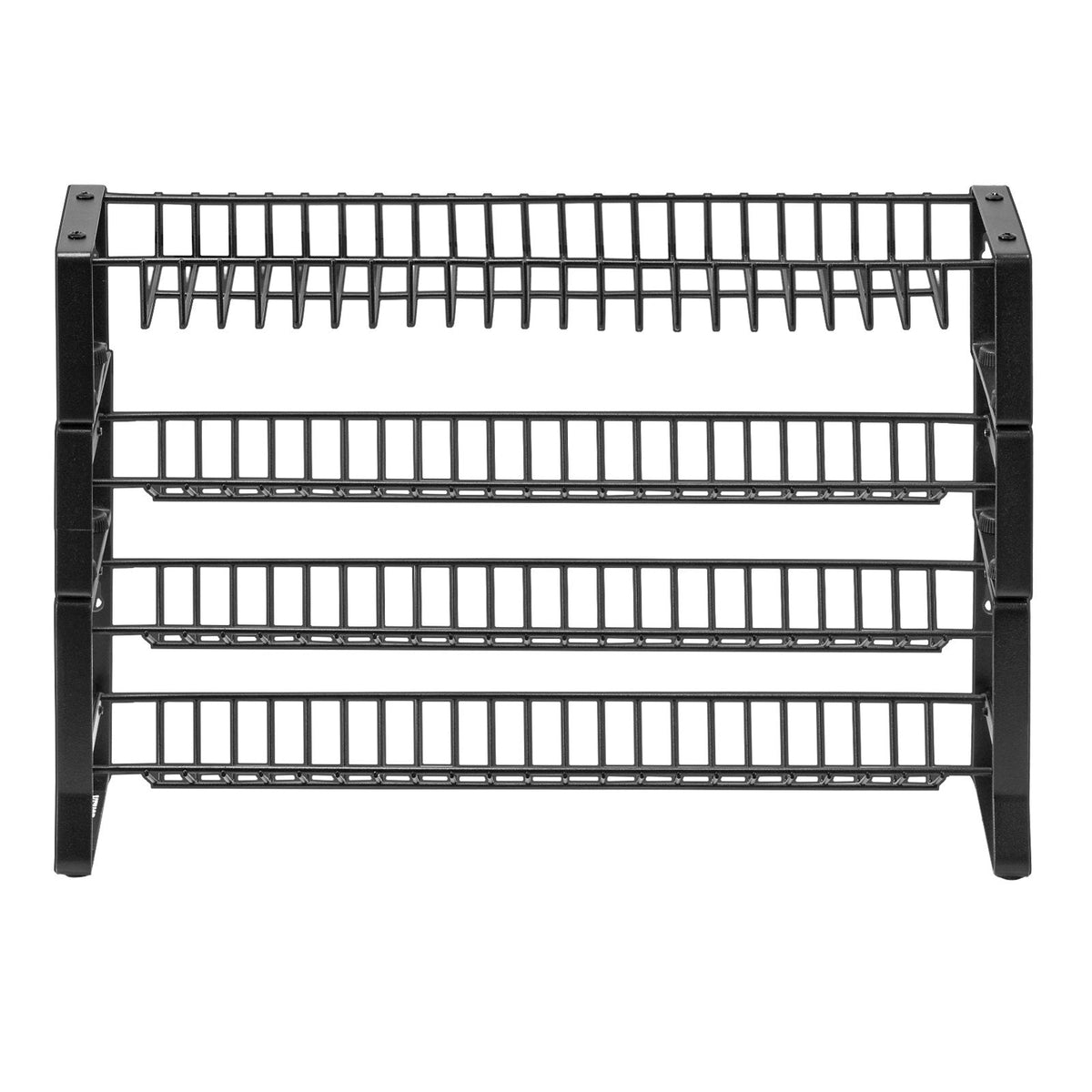 Black metal drying rack with multiple shelves on a white background