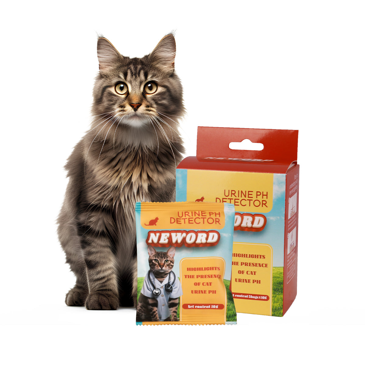 Cat standing next to Neword Urine pH Detector packaging on a white background