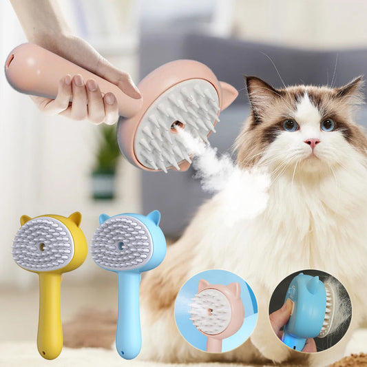 Cat grooming brush with a cat and close-up details on a blurred background