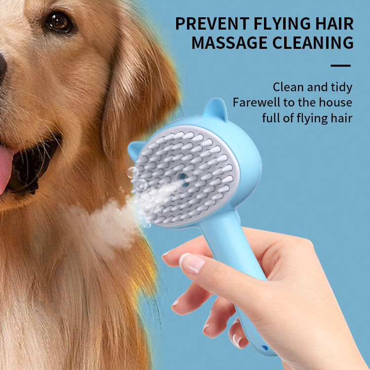 Pet grooming brush being used on a dog with text about preventing flying hair and cleaning.