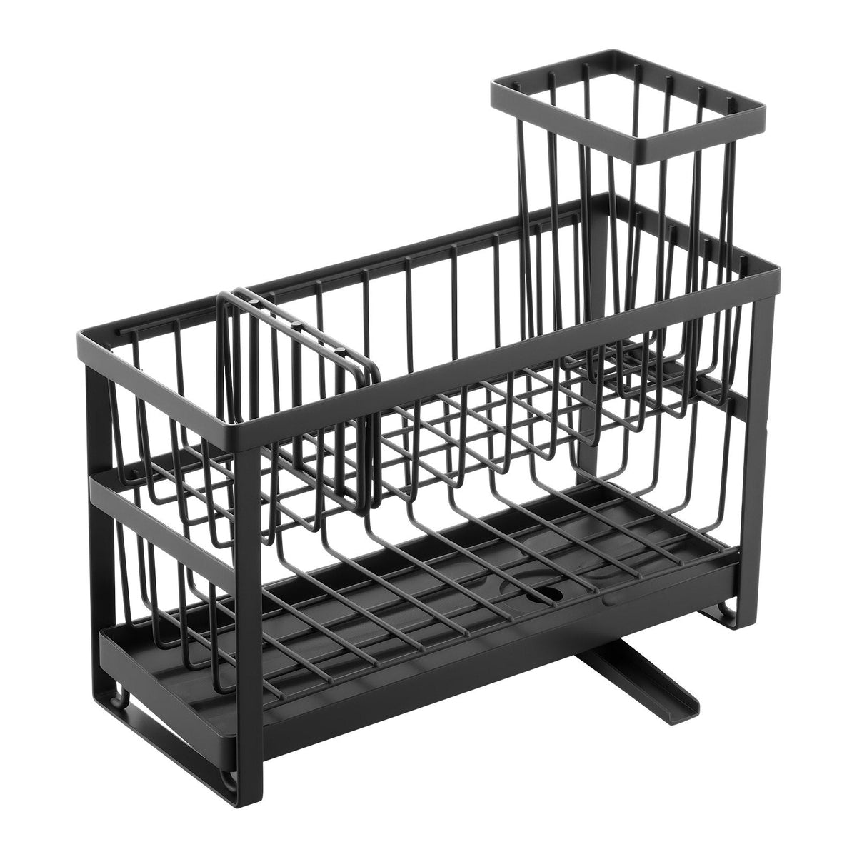 Black dish rack with two levels on a white background