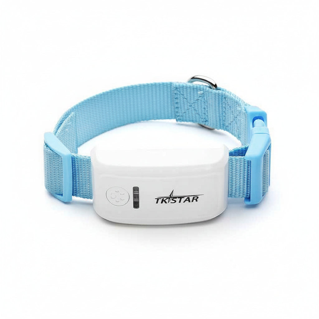 White electronic device with blue strap on a white background