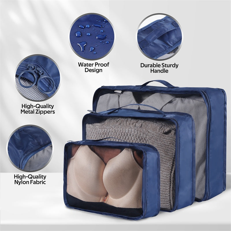 Blue packing cube with mesh side panels, showing its features on a white background.