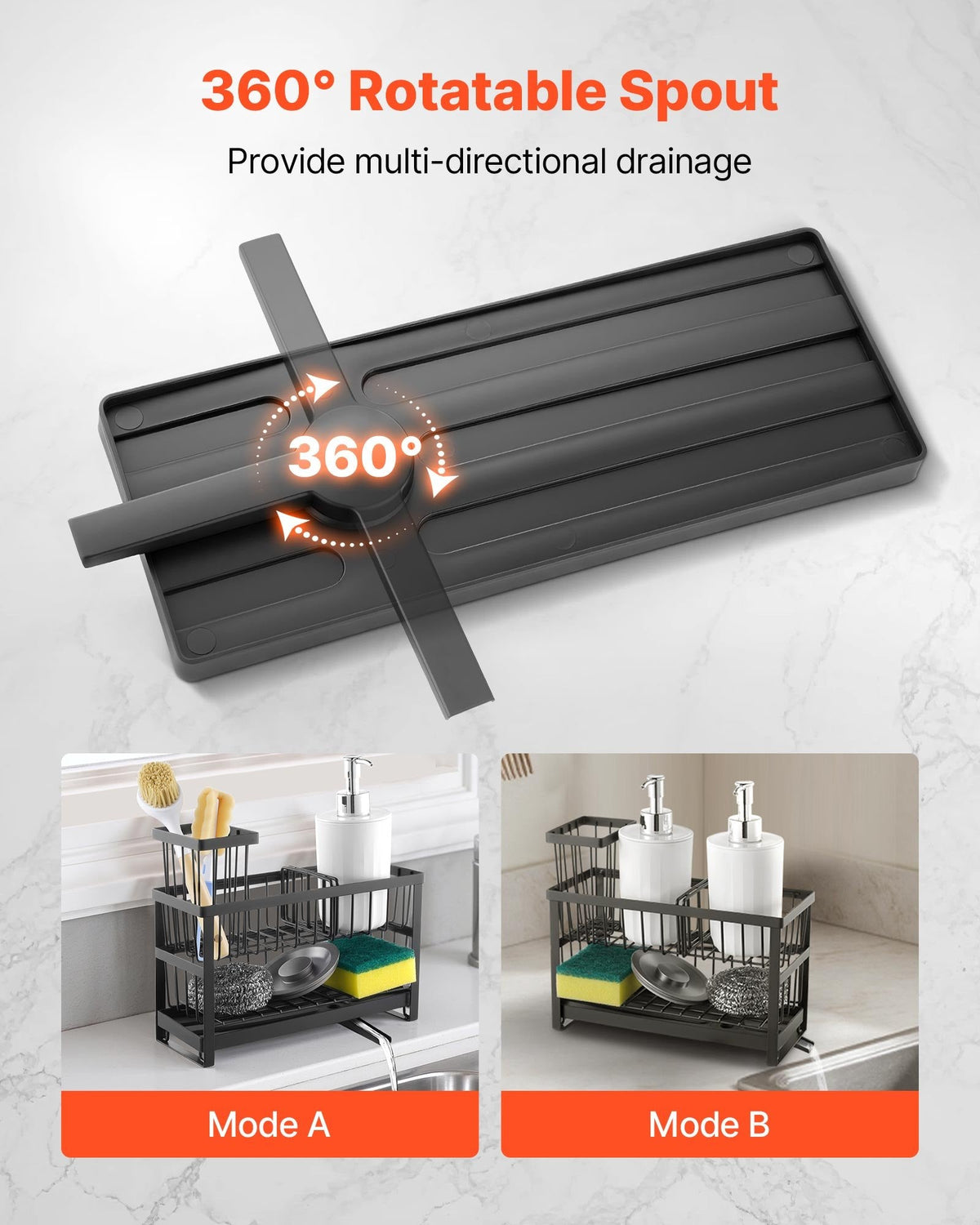 360-degree rotatable spout with kitchen rack display on a light gray background