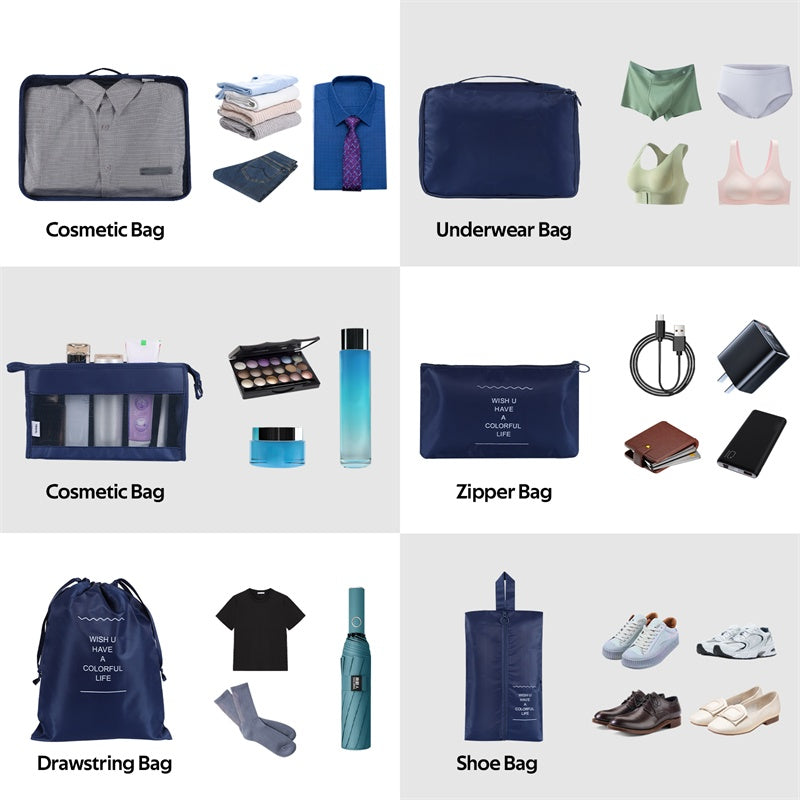 Collection of travel bags and items on a white background