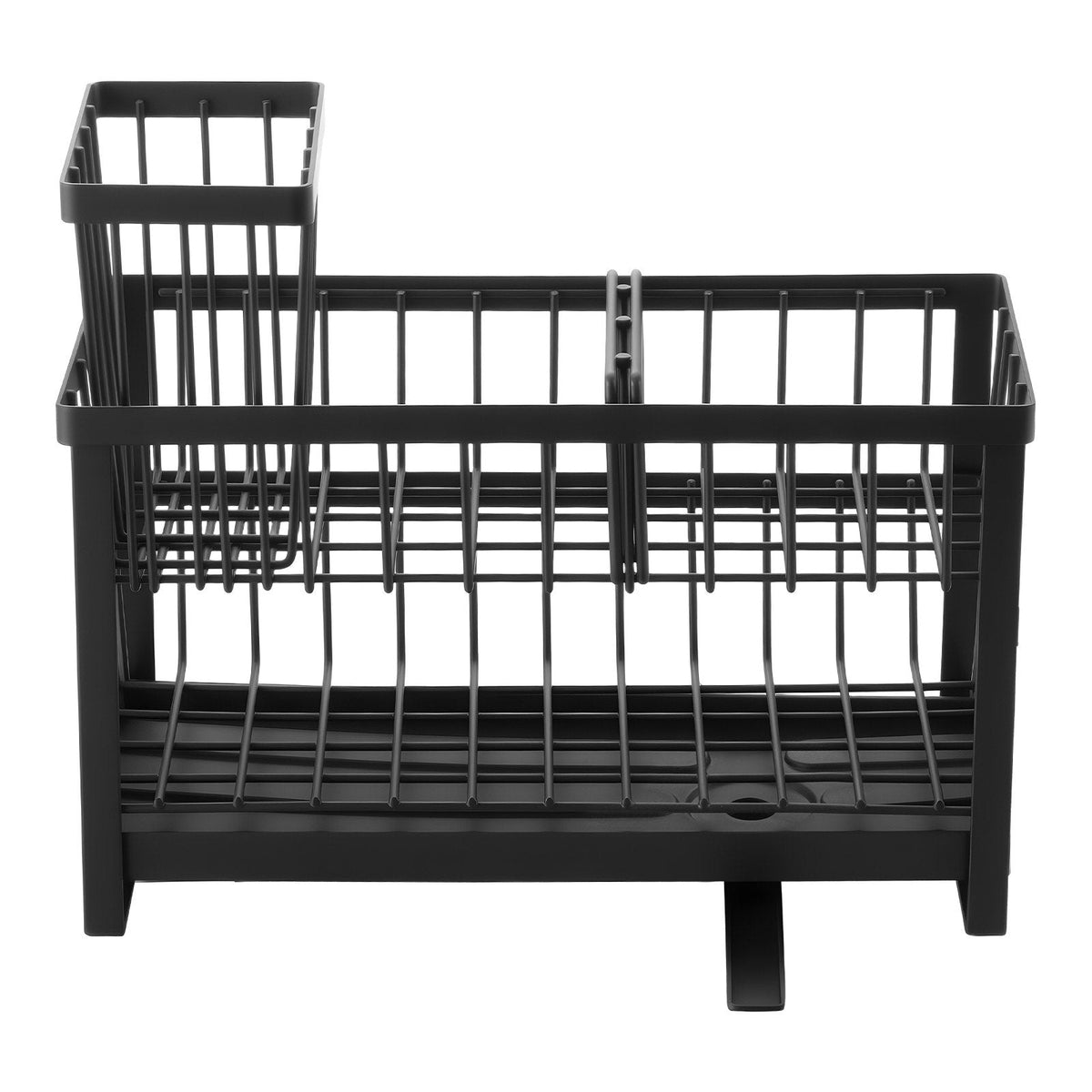 Black metal dish rack on a white background