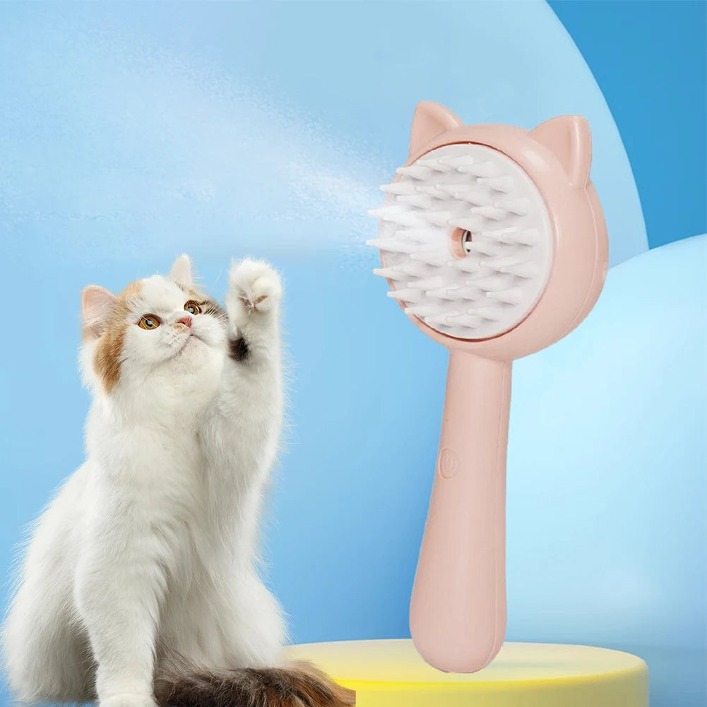 Cat playing with a pink pet grooming brush on a blue background