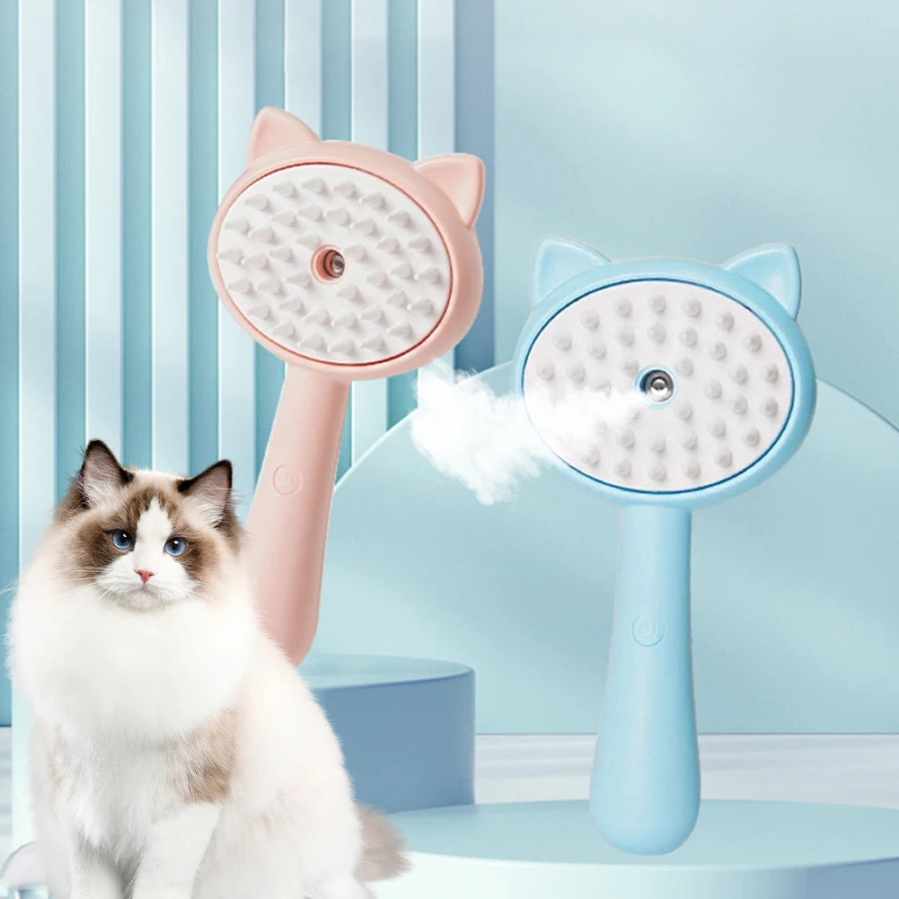 Two cat-shaped cleaning brushes with a cat sitting next to them on a light blue background.