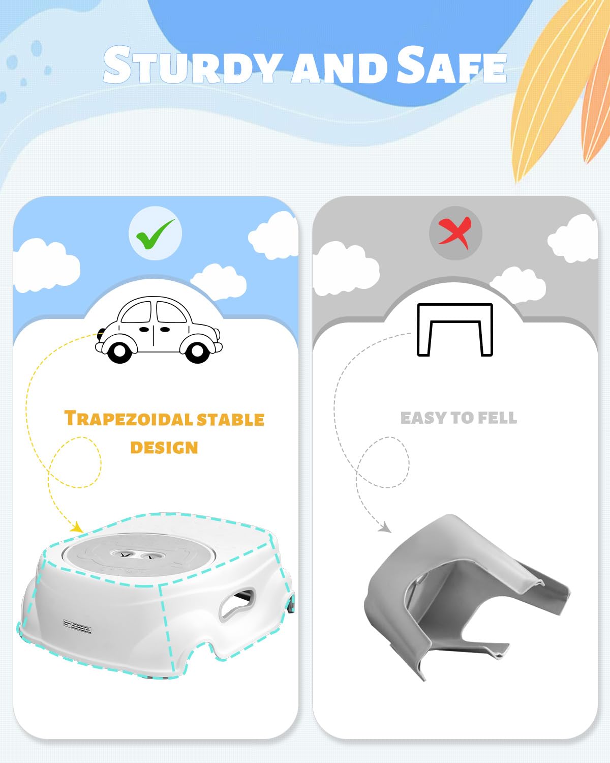 Two cards comparing a trapezoidal stable design to a less stable one, with text 'Sturdy and Safe' at the top.
