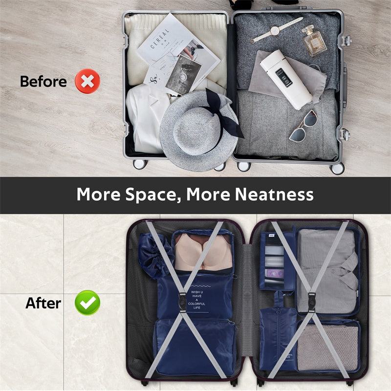 Comparison of a suitcase before and after using packing cubes, with text 'More Space, More Neatness'.