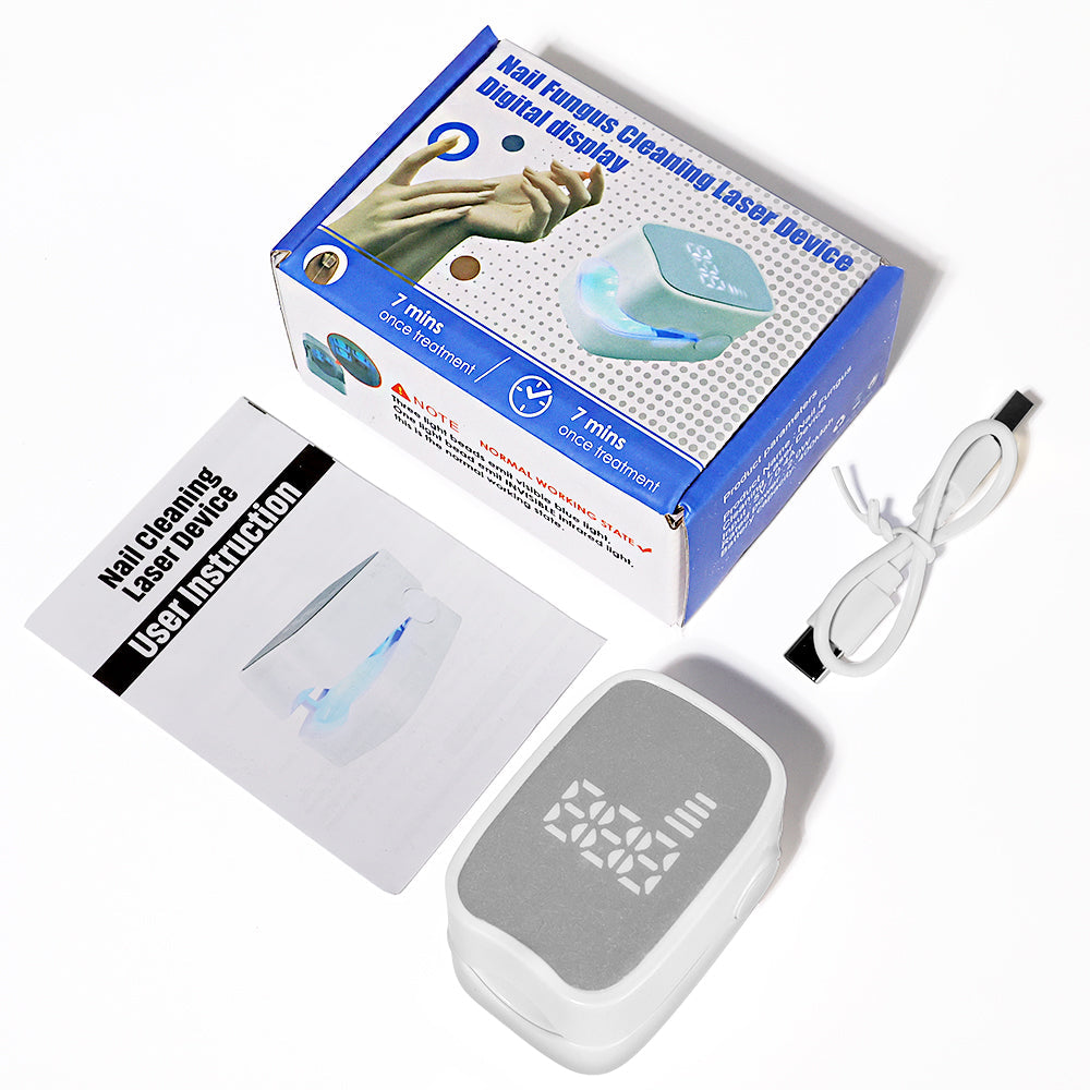 Nail fungus cleaning laser device kit including the blue and white product box, a white USB charging cable, a user instruction manual, and the white and gray laser device itself, all arranged on a white background.