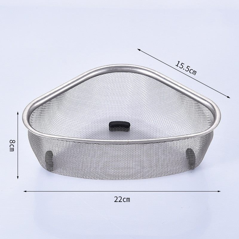 A stainless steel mesh basket with a triangular shape and metal rim, shown with dimension lines indicating measurements of 22cm width, 15.5cm depth, and 8cm height.