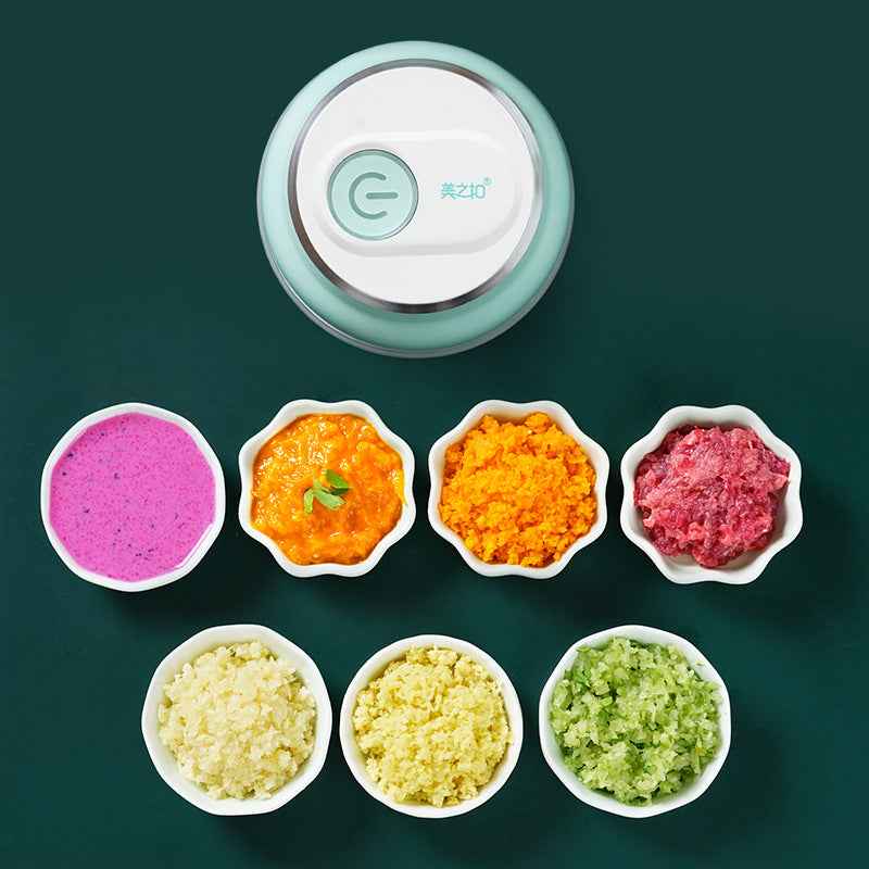 Colorful food samples in small bowls with a green appliance on a dark background
