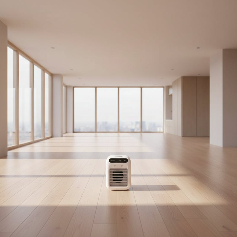 Woman reading a magazine next to a small white fan on a wooden floor.