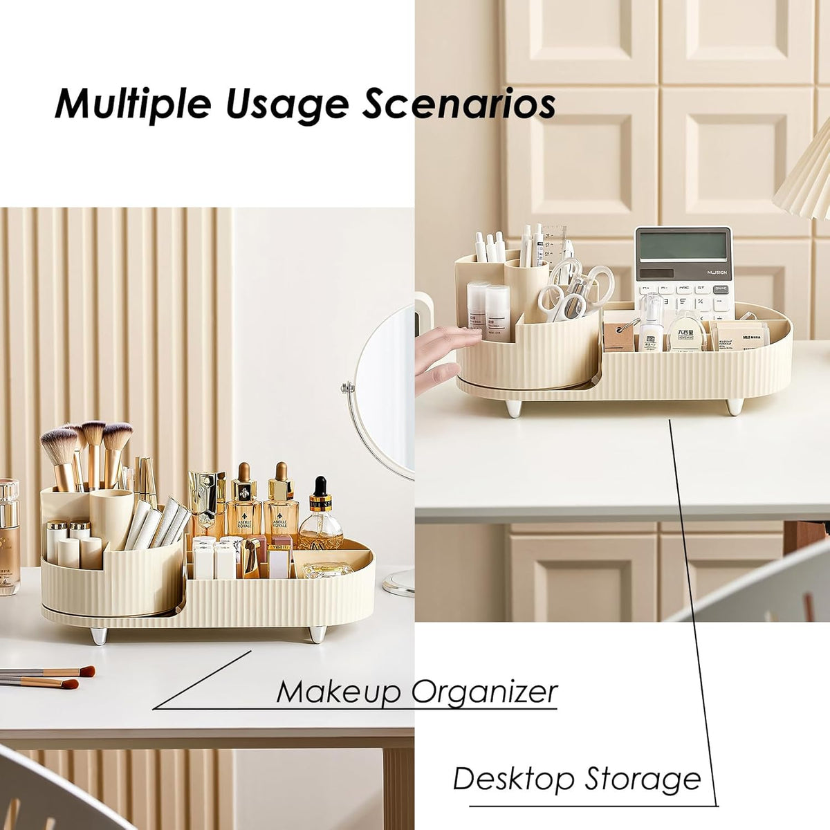 Makeup organizer and desktop storage solution with various items on a neutral background.