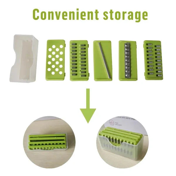 A set of green rectangular kitchen storage containers and accessories displayed on a white background, with the text 'Convenient storage' at the top and two circular inset views showing the containers in use.