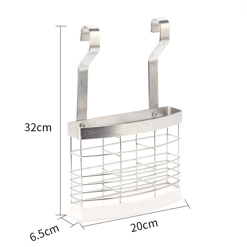 Metal over-the-door basket with dimensions on a white background