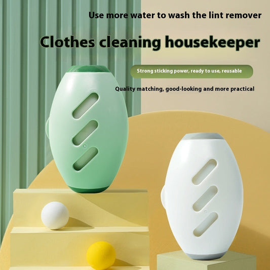 Two green and white clothes cleaning housekeeper devices on a yellow platform with text about their use and features.