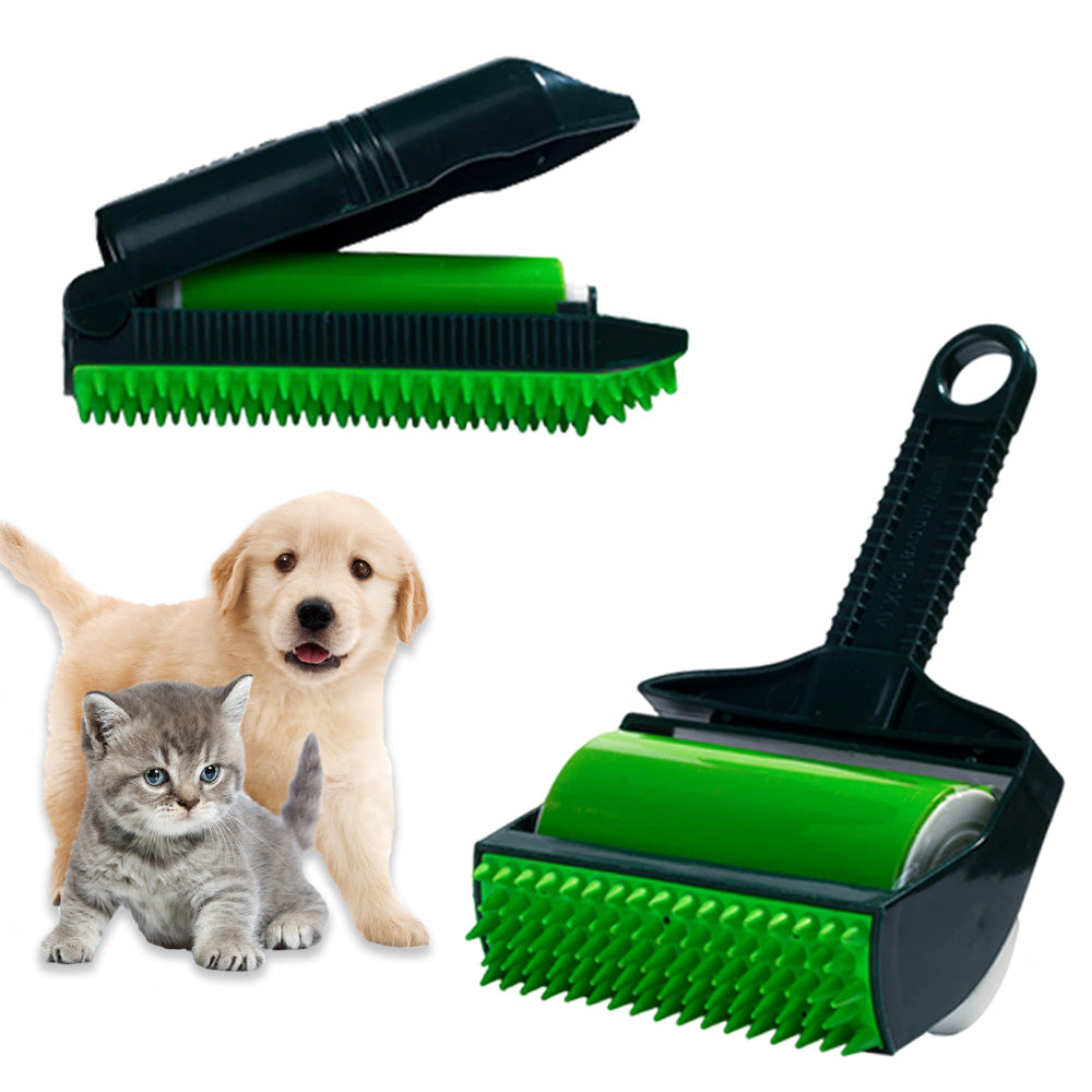 Pet grooming brush with green bristles on a white background, featuring a dog and cat.